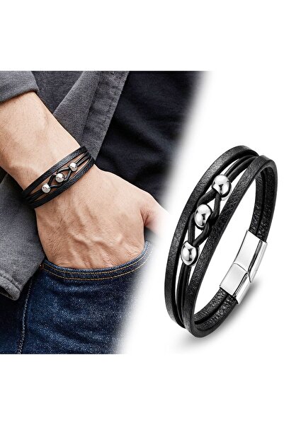 OGHAMAY Steel Ball and Black Leather Bracelet 18394B8D1