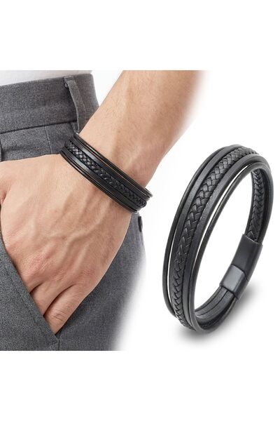 OGHAMAY Black Tube Braided and Multi-Leather Bracelet - Zamak Lock 18393B2D2Z