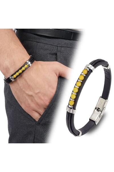 OGHAMAY Yellow Agate Stone Leather Bracelet 18391G6D6M