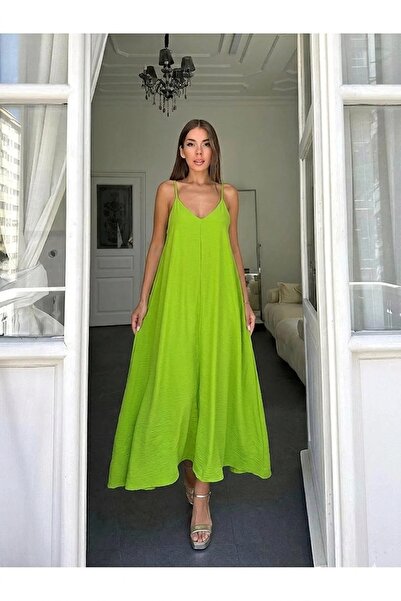 ORZUQLIFE Rochie lungă verde fistic cu bretele reglabile din țesătură Aerobin