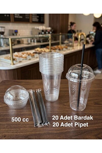 e Erta 20 Adet 500 Cc Sert Plastik Pet Kapaklı Limonata Milkshake Bardağı , Sunum Bardağı , Soğuk İçecek Bardağı