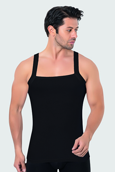 X MODAL Men's Wide Ribbed Undershirt 100% Cotton Ribbed Black
