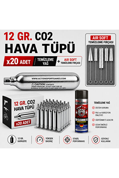 my brusher **12 GR. CO₂ HAVA TÜPÜ x20 ADET** **TEMİZLEME YAĞI + AIR SOFT TEMİ...