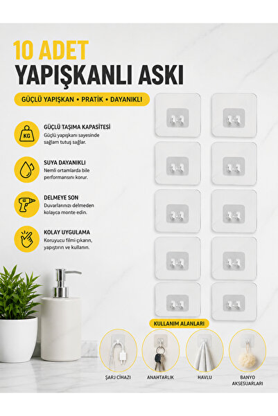 NAR ZÜCCACİYE Süper Güçlü Yapışkanlı Banyo Askısı Yedek 10 Adet Sticker Raf T...