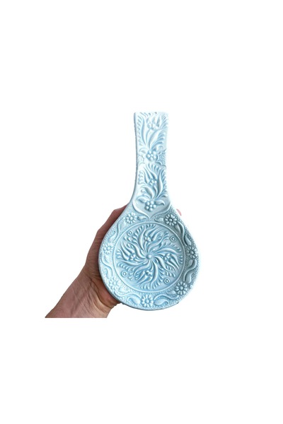 Zeem Handmade Ceramic El Yapımı Seramik Buz Mavi Kaşıklık Lale Desenli Kepçel...