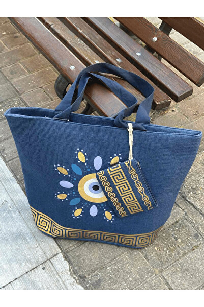 AngelsAccessories Γυναικεία Μεγάλη Υφασμάτινη Τσάντα Θαλάσσης με Μάτι & Μαίανδρο