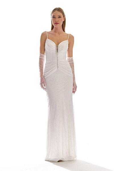 Elbisemhazır İp Askılı Göğüs Dekolteli Taş İşlemeli Dantel Abiye Elbise