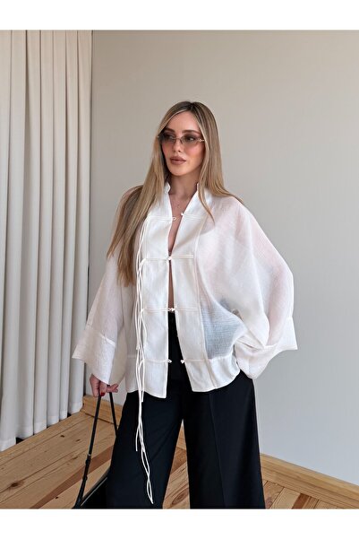 Laluvia Off-White Transparent Kimono with String Laces - 5098
