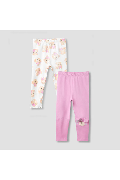 Juniors Girls Leggings with Bear Print - Cotton - Elasticated Waist - Set of 2