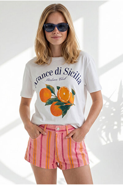 Olalook Women's White Orange Printed Boyfriend Cotton T-Shirt Tsh-19001015