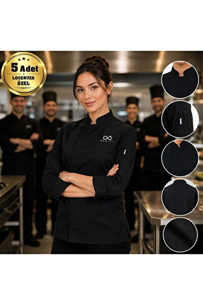 Bk Gift 5 Black Women's Chef Jackets with Your Logo - Gabardine Fabric Profes...