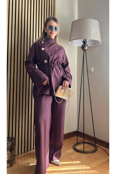 Cardella Vega Premium Tnsl Fabric Gold Accessory Detailed Stylish Double Suit - Hijab Compatible Pantsuit