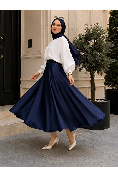 ELMODA Women's Ribbed Shorts Lined Satin Full Circle Mevlana Skirt