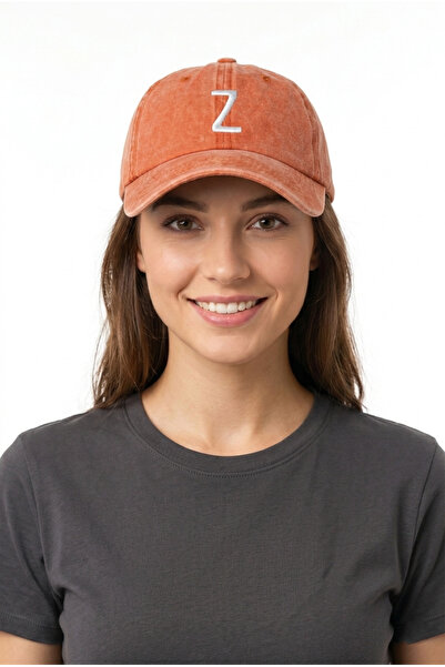 ŞapkaMania Orange Embroidered Washable Vintage Unisex Hat with Letter Z