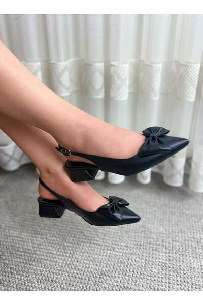 asmi shoes Women's Mina Black Leather Open Back Pointed Toe Bow Detailed 4 cm...
