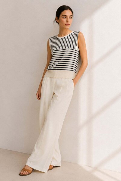 Ferraro Ecru Crew Neck 100% Cotton Women's Sleeveless Striped Knitwear Blouse