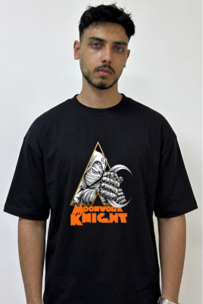 Anetos Moon Knight Design Printed Oversize Black T-Shirt