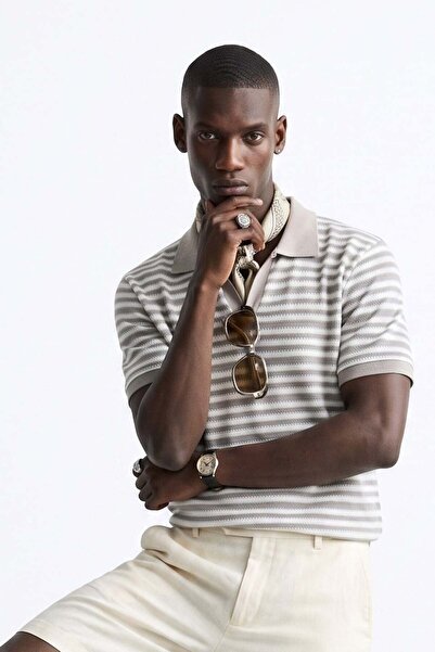 BARRELS AND OIL Men's Striped Short Sleeve Polo Collar T-Shirt - Beige