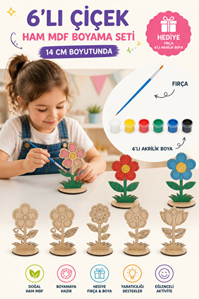 kutuTR 6’lı Çiçek Ham MDF Boyama Seti | Çocuklar İçin Eğitici ve Eğlenceli Bo...