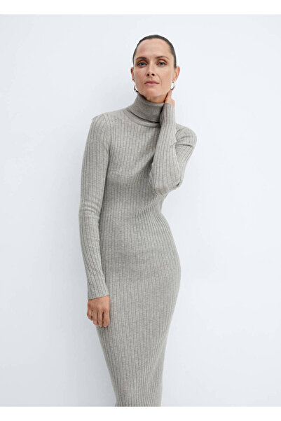 MANGO Woman Geripptes Midikleid mit hohem Kragen