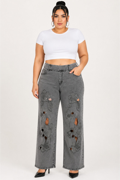 ZANESSI Pantaloni de damă din denim brodat, cu talie elastică și picior larg,...