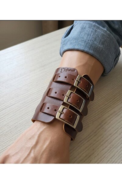 aysefe Genuine Leather, Cognac Color, 3-Belt Wide Ottoman Yeniçeri Bracelet