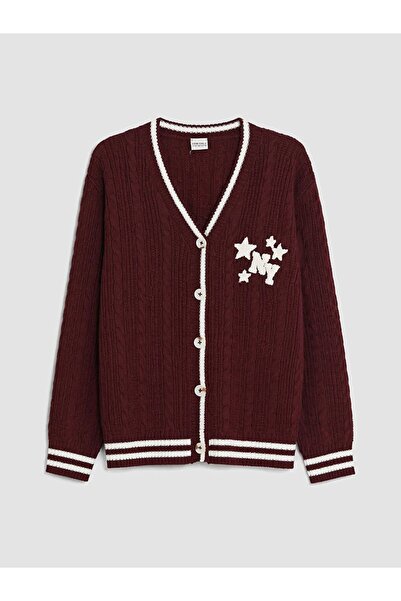 LC Waikiki Lcw Kids Plum V-Neck Embroidery Detailed Girls' Knitwear Cardigan