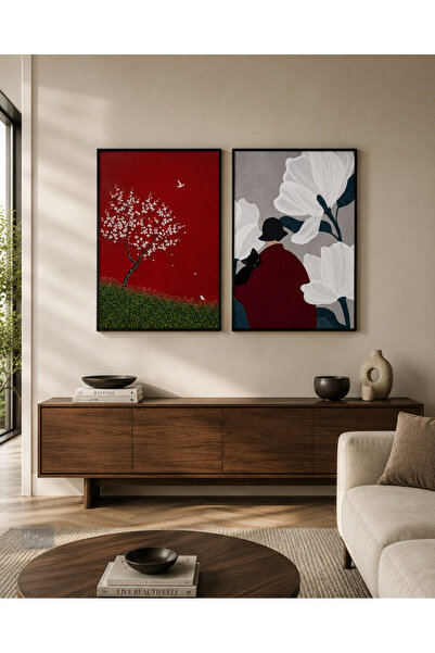 nuvahometr 2'li Siyah Çerçeveli Poster Tablo Seti Modern Çiçek Figür Duvar De...