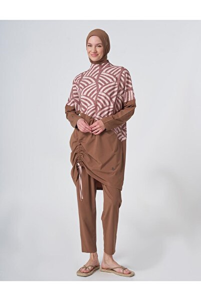 Kayra Patterned Hijab Swimsuit Light Brown