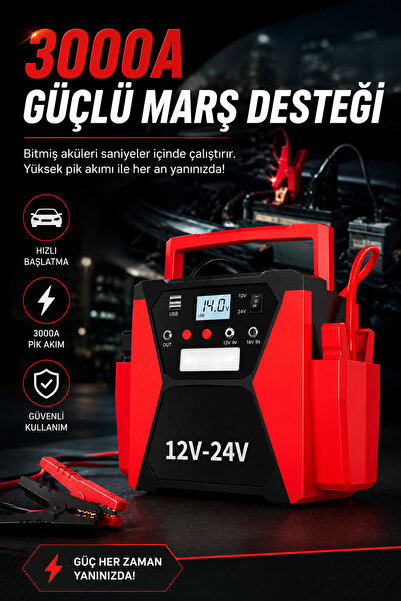 Merwish Akü Takviye Cihazı 12V/24V 3000A Araç Marş Basma Powerbank LED Fener Dijital Ekran 50.000mAh HJ-007