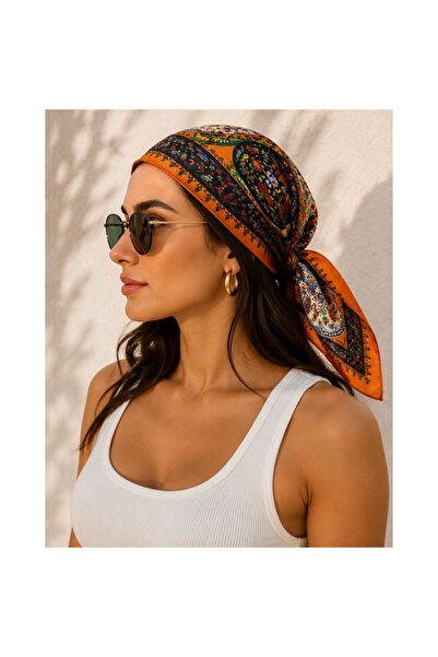 elden co Çini Desenli Saten Fular / Bandana / Saç Aksesuarı 45x45 cm