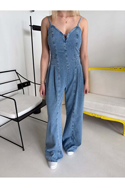 Bade Butik Blue Strappy Pleated Denim Jumpsuit