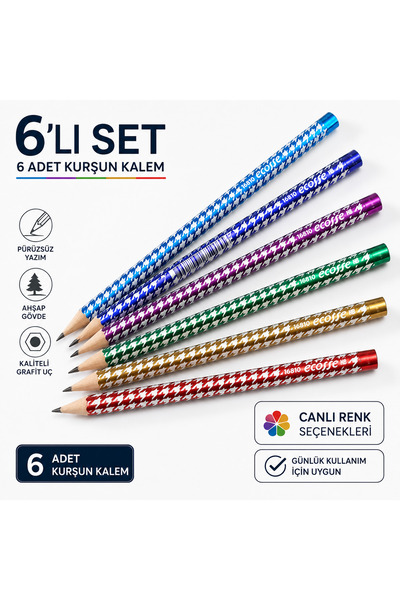 Fatih HB Kurşun Kalem 6’lı Set Renkli Desenli Ahşap Gövde Kaliteli Grafit Uç ...
