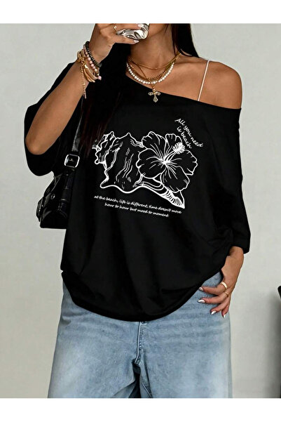 PALPİTO Women's Floral Seashell Printed Oversize Boat Neck T-Shirt