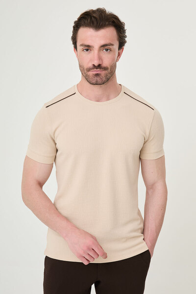 Mcr Plain Slim Fit Crew Neck Short Sleeve Men's T-Shirt Beige - 36890.26Y