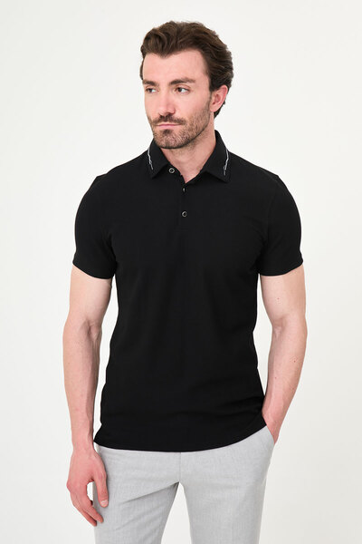 Mcr Straight Slim Fit Polo Collar Metal Button Short Sleeve Men's T-Shirt Bla...