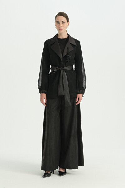 Nihan Belted Mesh Stylish Jacket - Black