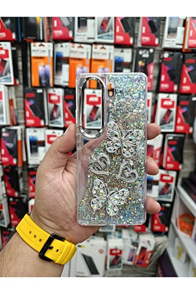 aheaks Tecno Camon 40 Uyumlu Parlak Simli ve Kelebekli Şık Telefon Kılıfı