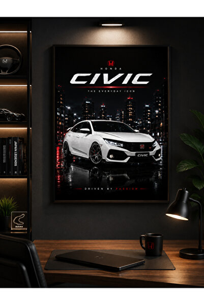 dwarıa Honda Civic Beyaz Araba Posteri – Gece Şehir Manzaralı Japon Otomobil ...