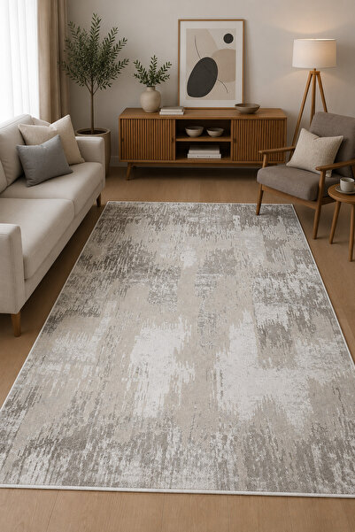 NORELLAHOME Modern Gri Bej Soyut Desenli Halı Kaymaz Taban Yıkanabilir Salon ...