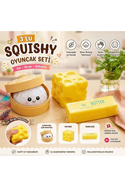 TÜTSÜ SEPETİ BÜYÜK BOY Butter Squishy ve Cheese Squishy 3'lü Set Tereyağı Suk...