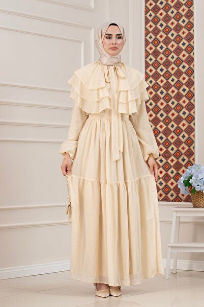 Sevitli Ruffle Detailed Roza Hijab Dress-Beige