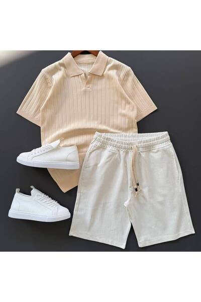 Beylerce Nurse Collar Knitwear T-Shirt + Raw Linen Shorts 2-Piece Combination
