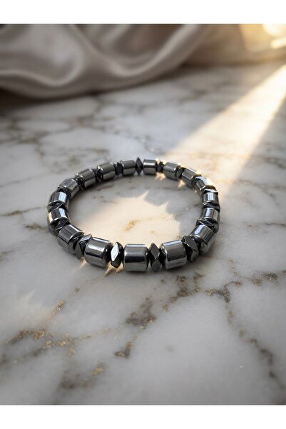 Meneva Aksesuar Cylinder and Diamond Cut Hematite Natural Stone Bracelet
