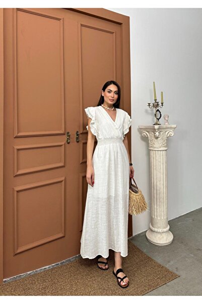 Butik Şenel Double-Breasted Collar Flounce Sleeve Linen Long Summer Dress