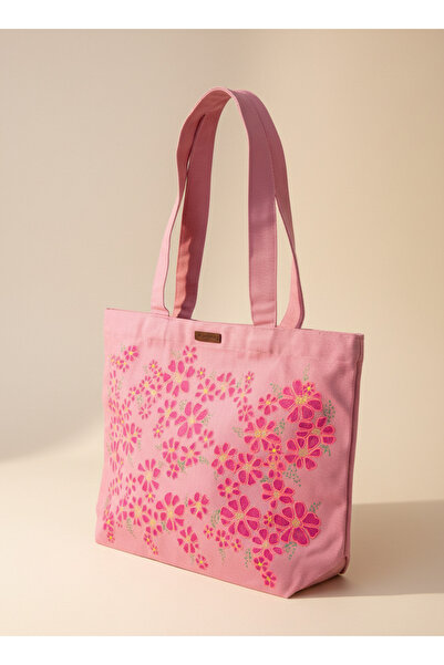 Vogue Visage Pink Floral All-Over Hand-Painted Canvas Tote Bag