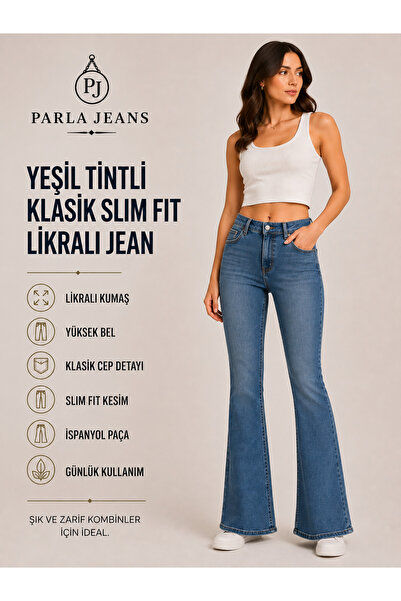 Parla Jeans Women's Green Tinted Spanish Flare Power Lycra High Waist Flare C...