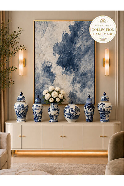ferayhome Collection Series Handmade Blue and White Ceramic Living Room Set -...