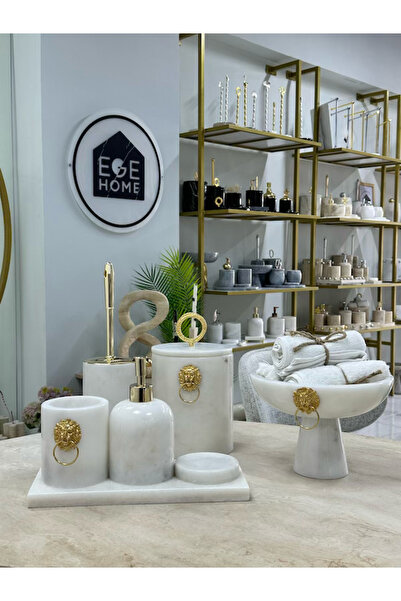 Ege Home Decoration DEKORATİF DOĞAL BEYAZ MERMER 7 PARÇA GOLD ASLAN DETAYLI B...
