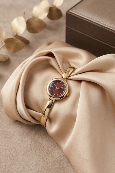 GANYMET Meyland Women Gold Steel Handcuff Wristwatch with Claret Dial Minimal...